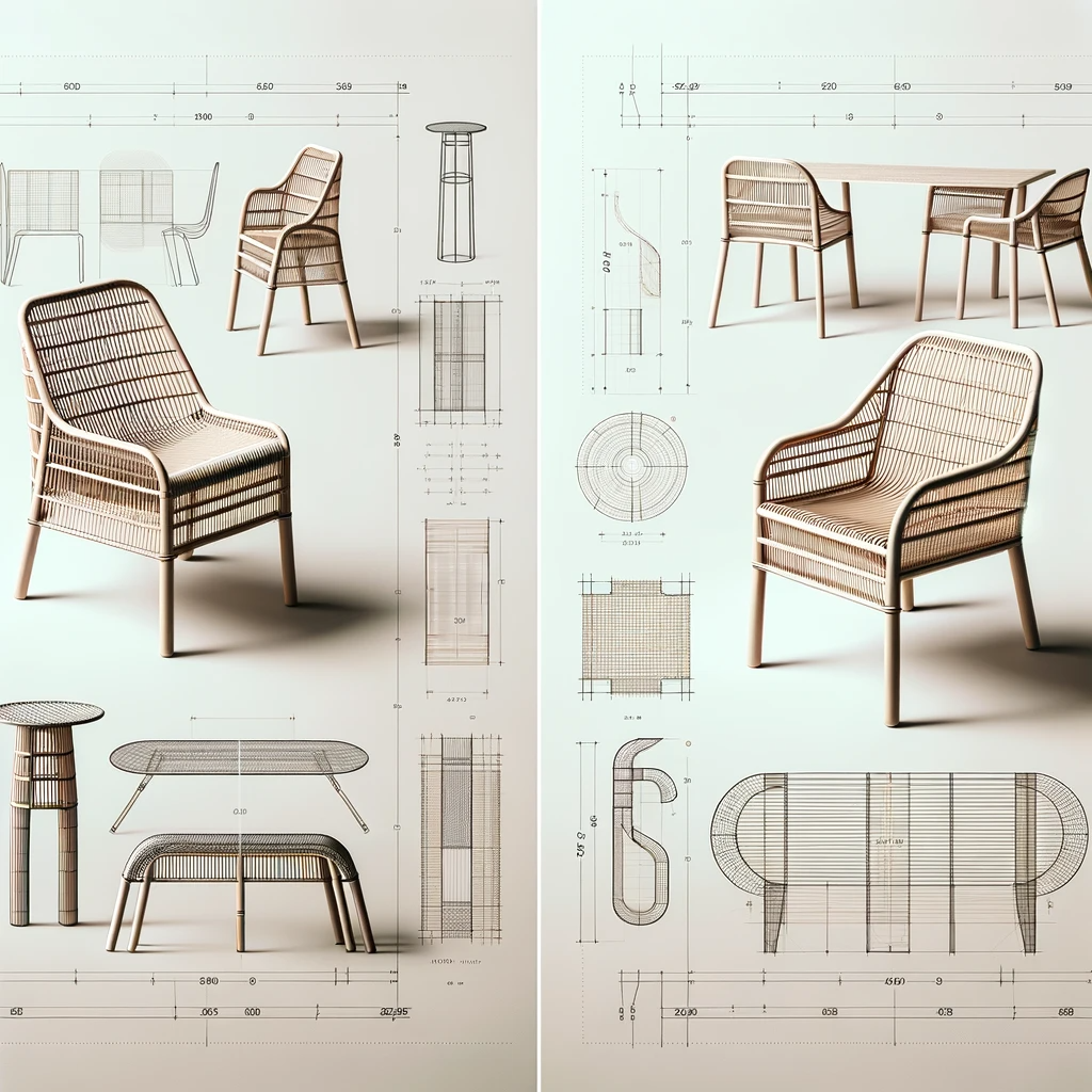 DALL·E 2023-12-20 21.33.16 - Two images of innovative rattan furniture designs with a sleek, modern aesthetic. The first image showcases a rattan chair with a slim profile, featur